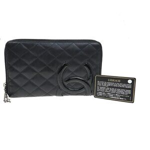 CHANEL CC Cambon Zip Around Long Bifold Wallet Purse Leather Black Pink